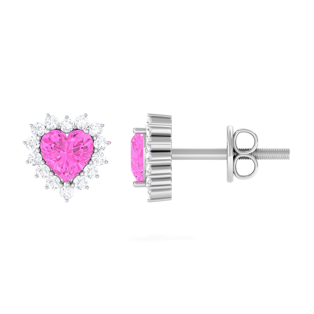 Minimal Heart Shape Pink Sapphire Halo Stud Earrings with Diamond Pink Sapphire - ( AAA ) - Quality - Rosec Jewels
