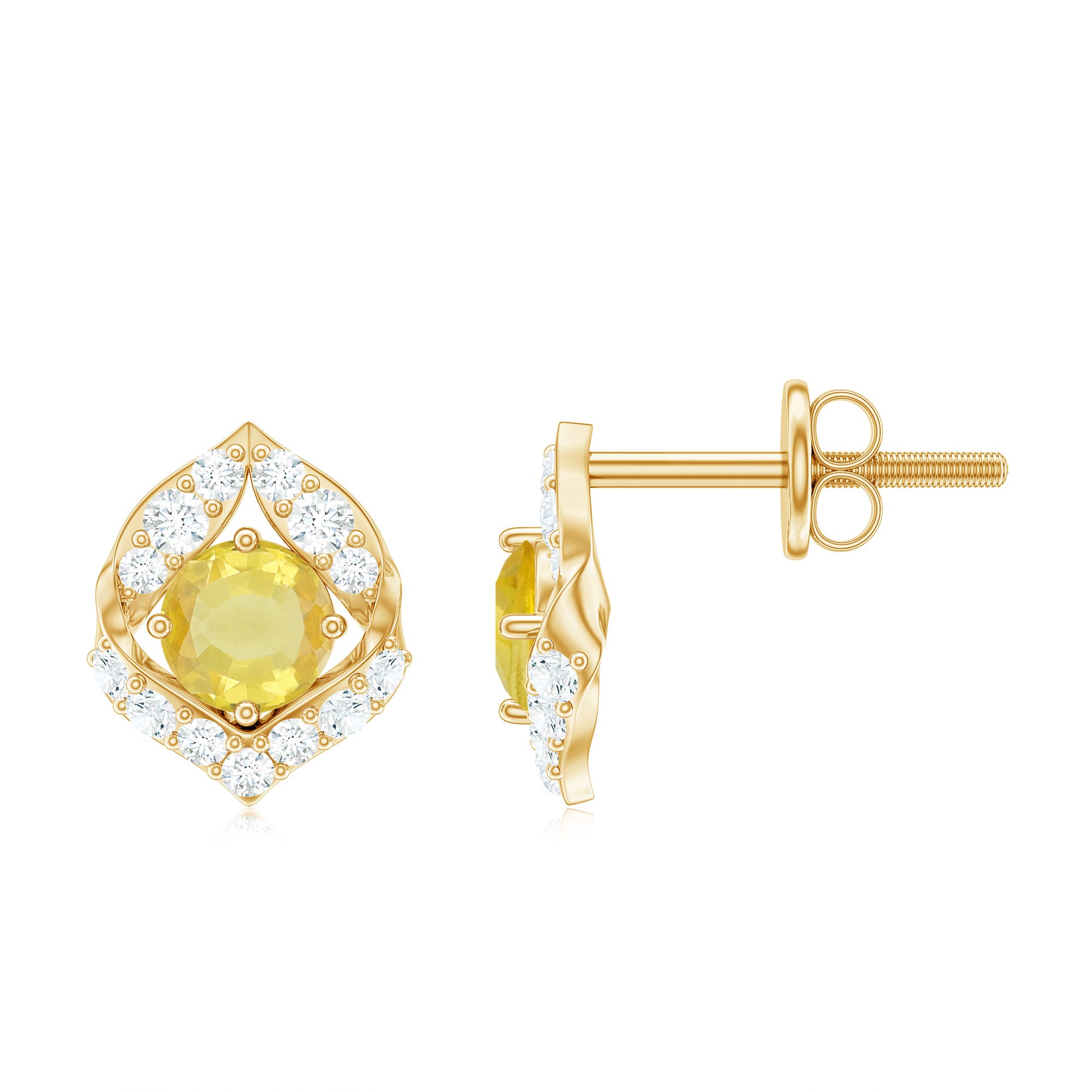 Lab Grown Yellow Sapphire Stud Earrings with Diamond Lab Created Yellow Sapphire - ( AAAA ) - Quality - Rosec Jewels