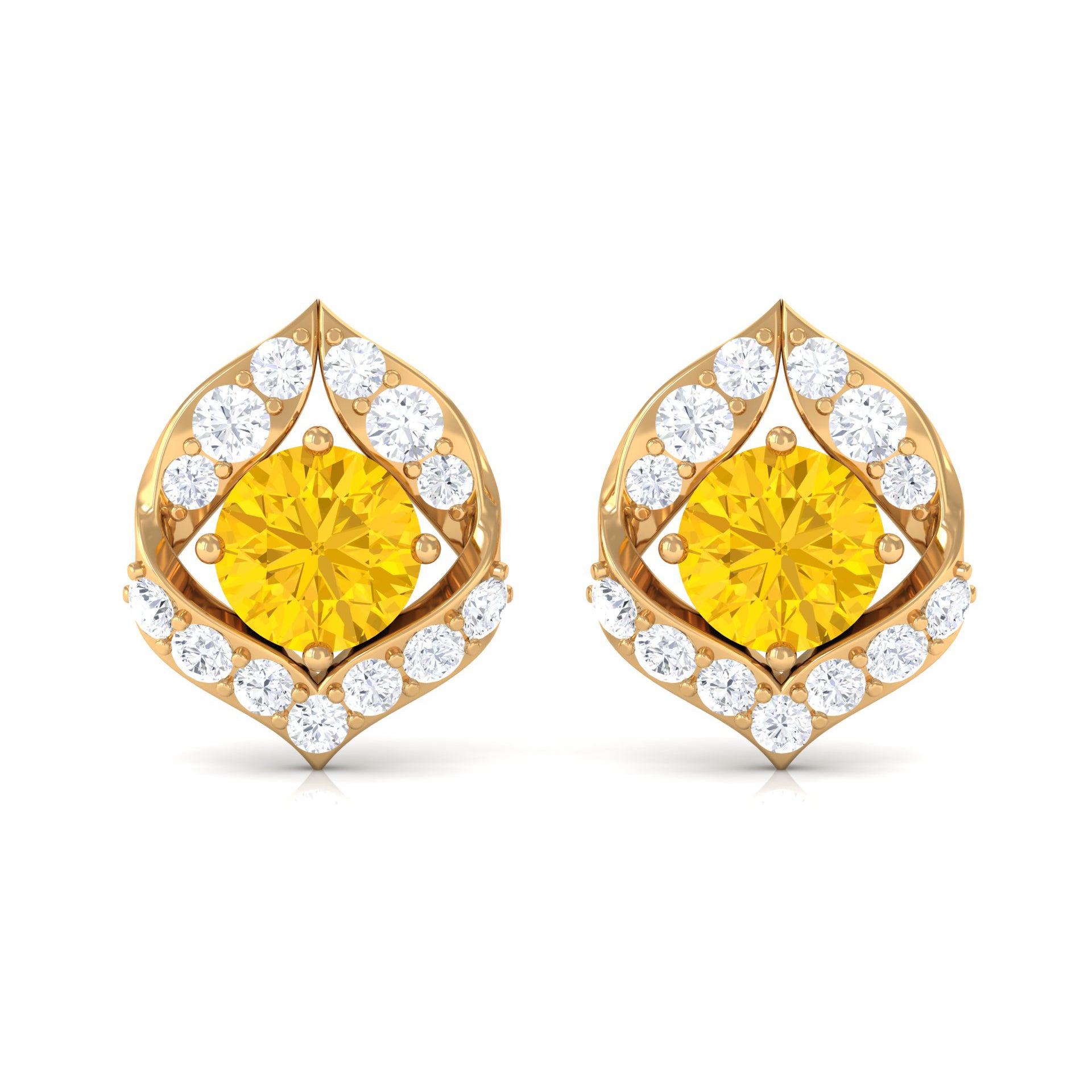 Minimal Yellow Sapphire and Diamond Petal Stud Earrings Yellow Sapphire - ( AAA ) - Quality - Rosec Jewels
