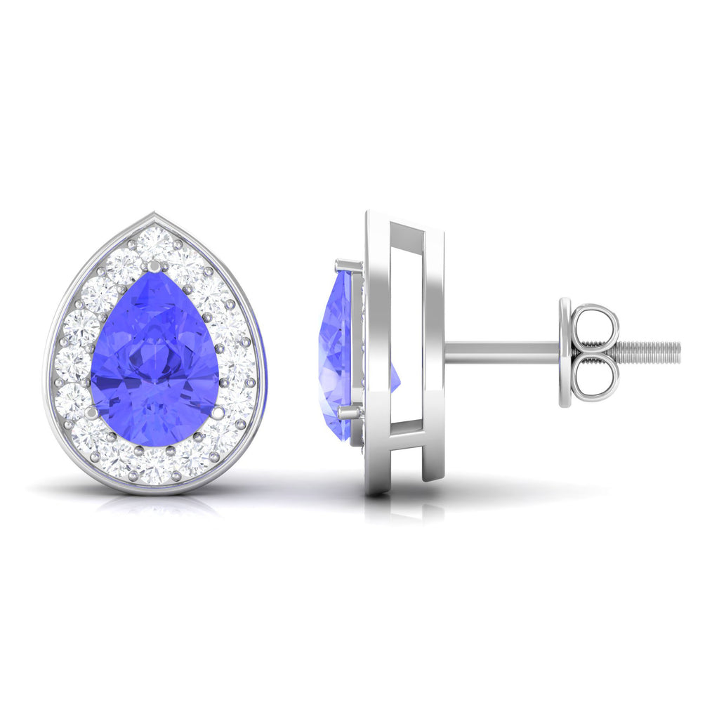 Pear Shape Tanzanite Classic Halo Stud Earrings with Diamond Tanzanite - ( AAA ) - Quality - Rosec Jewels