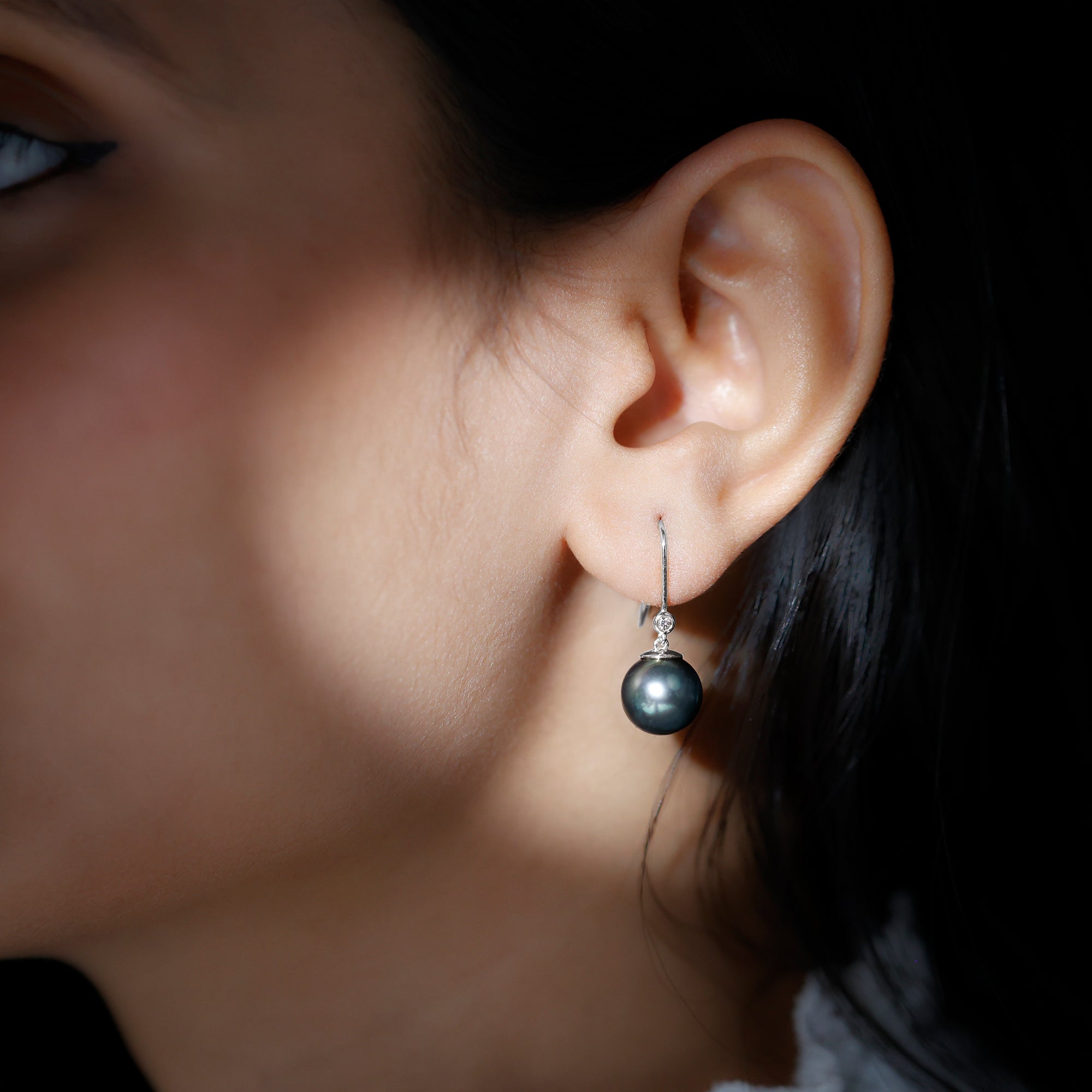 Black Tahitian Pearl Drop Earrings with Moissanite Tahitian pearl - ( AAA ) - Quality - Rosec Jewels