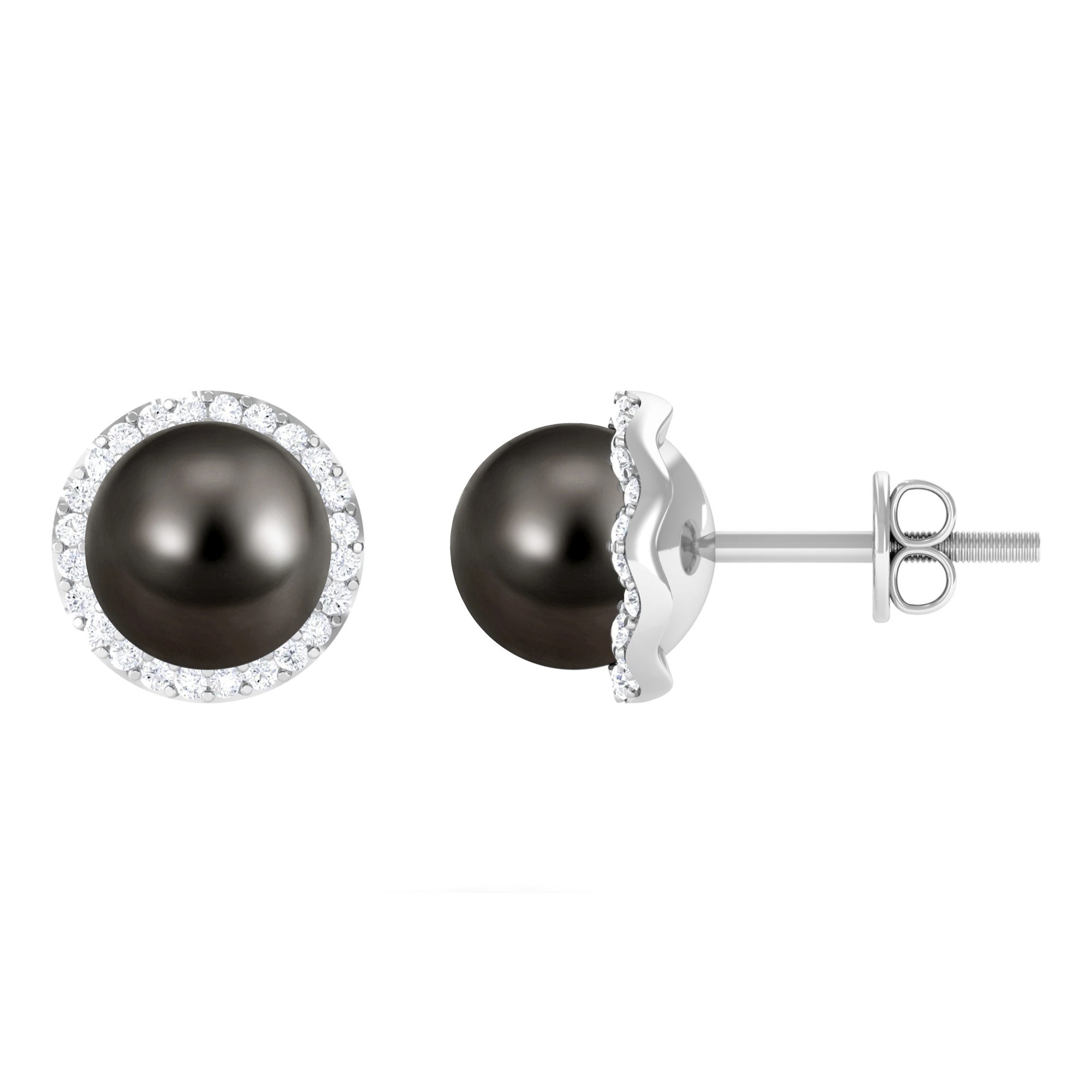 Classic Tahitian Pearl and Diamond Halo Stud Earrings Tahitian pearl - ( AAA ) - Quality - Rosec Jewels