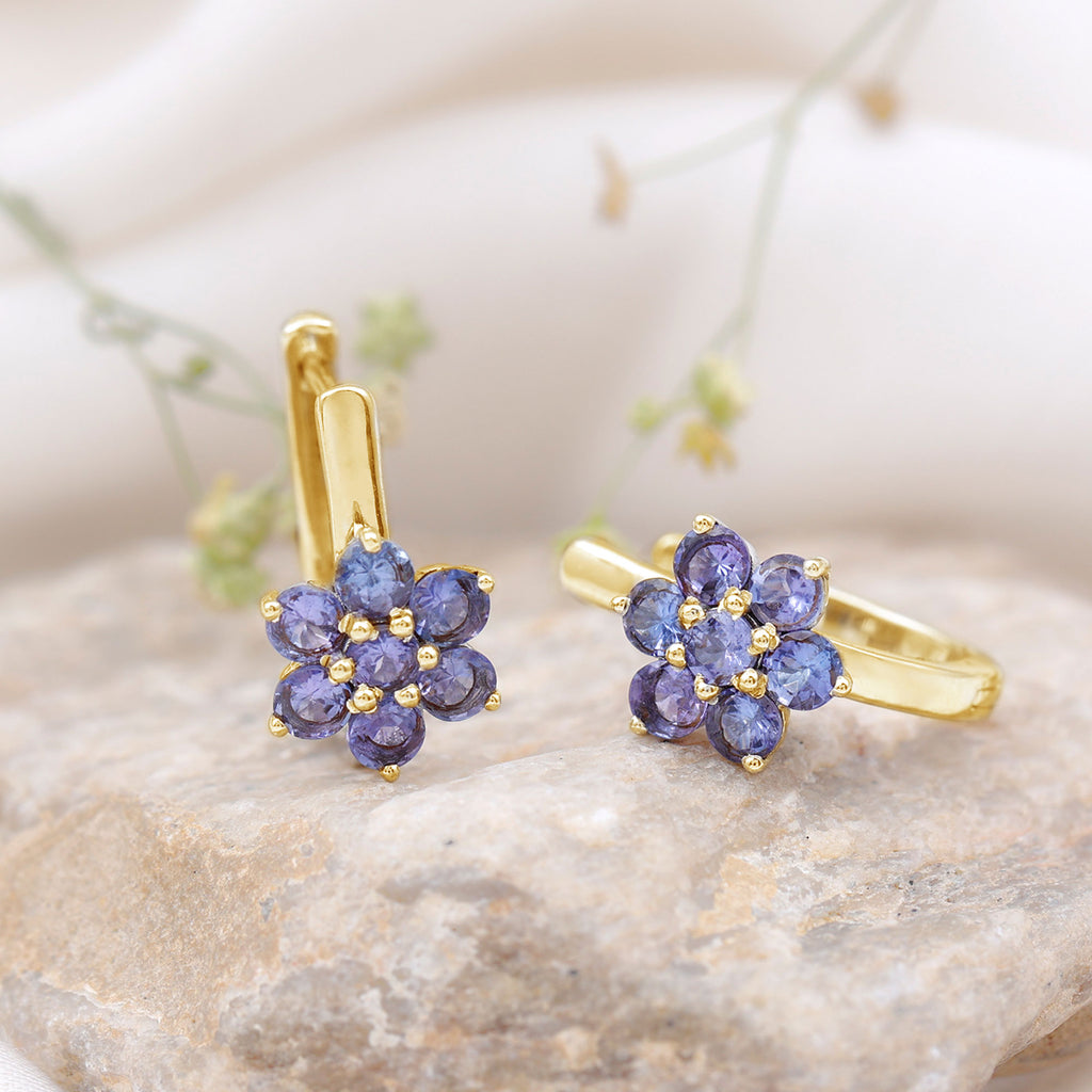 J Hoop Floral Earrings with Round Shape Tanzanite Tanzanite - ( AAA ) - Quality - Rosec Jewels