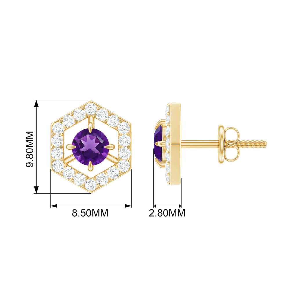 Minimal Amethyst and Diamond Geometric Stud Earrings Amethyst - ( AAA ) - Quality - Rosec Jewels