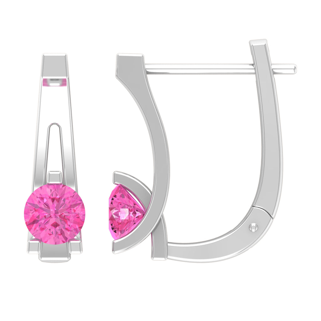 Round Cut Pink Sapphire Solitaire J Hoop Earrings in Gold Pink Sapphire - ( AAA ) - Quality - Rosec Jewels