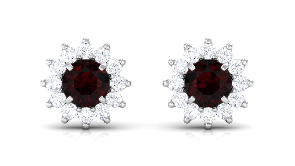 Natural Garnet and Diamond Flower Halo Stud Earrings Garnet - ( AAA ) - Quality - Rosec Jewels