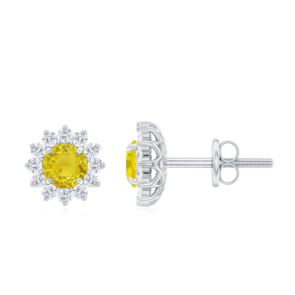Yellow Sapphire Flower Stud Earrings with Diamond Halo Yellow Sapphire - ( AAA ) - Quality - Rosec Jewels