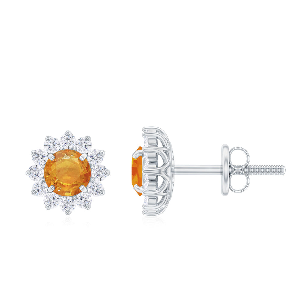 1.25 CT Orange Sapphire Flower Stud Earrings with Diamond Halo Orange Sapphire - ( AAA ) - Quality - Rosec Jewels