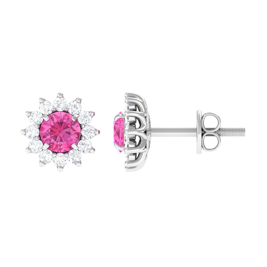 1.25 CT Pink Sapphire Flower Stud Earrings with Diamond Halo Pink Sapphire - ( AAA ) - Quality - Rosec Jewels