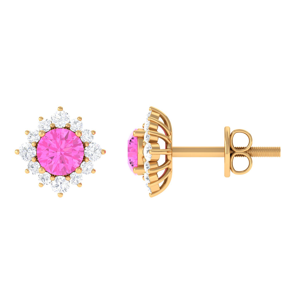 1 CT Pink Sapphire Classic Stud Earrings with Diamond Halo Pink Sapphire - ( AAA ) - Quality - Rosec Jewels