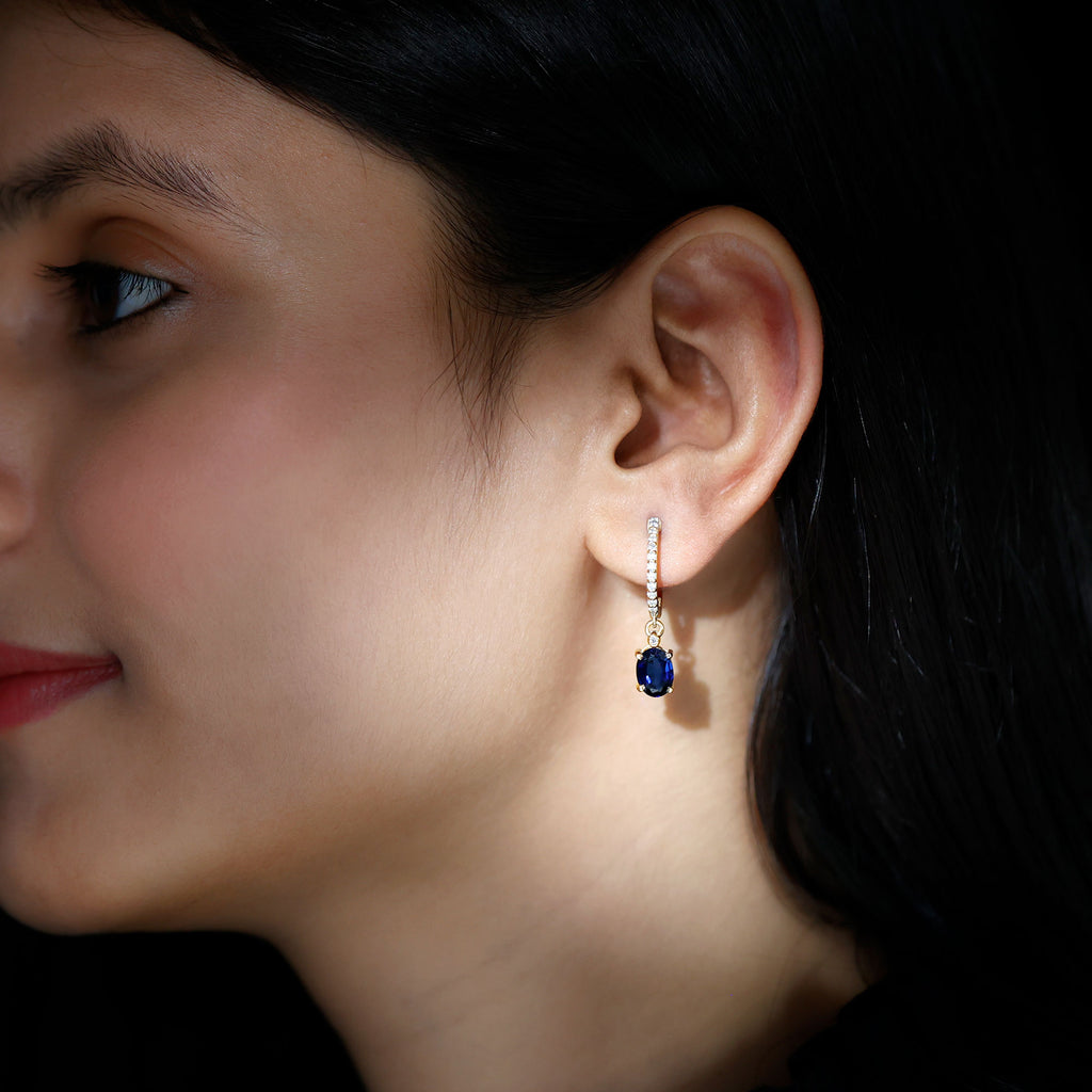 Oval Created Blue Sapphire Hoop Drop Earrings with Moissanite Lab Created Blue Sapphire - ( AAAA ) - Quality - Rosec Jewels