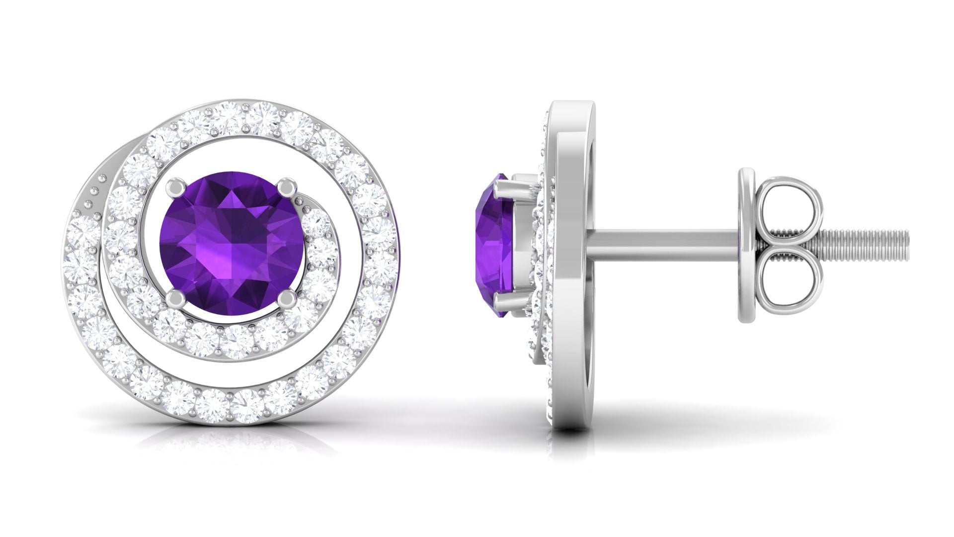 Round Amethyst and Diamond Contemporary Swirl Stud Earrings Amethyst - ( AAA ) - Quality - Rosec Jewels
