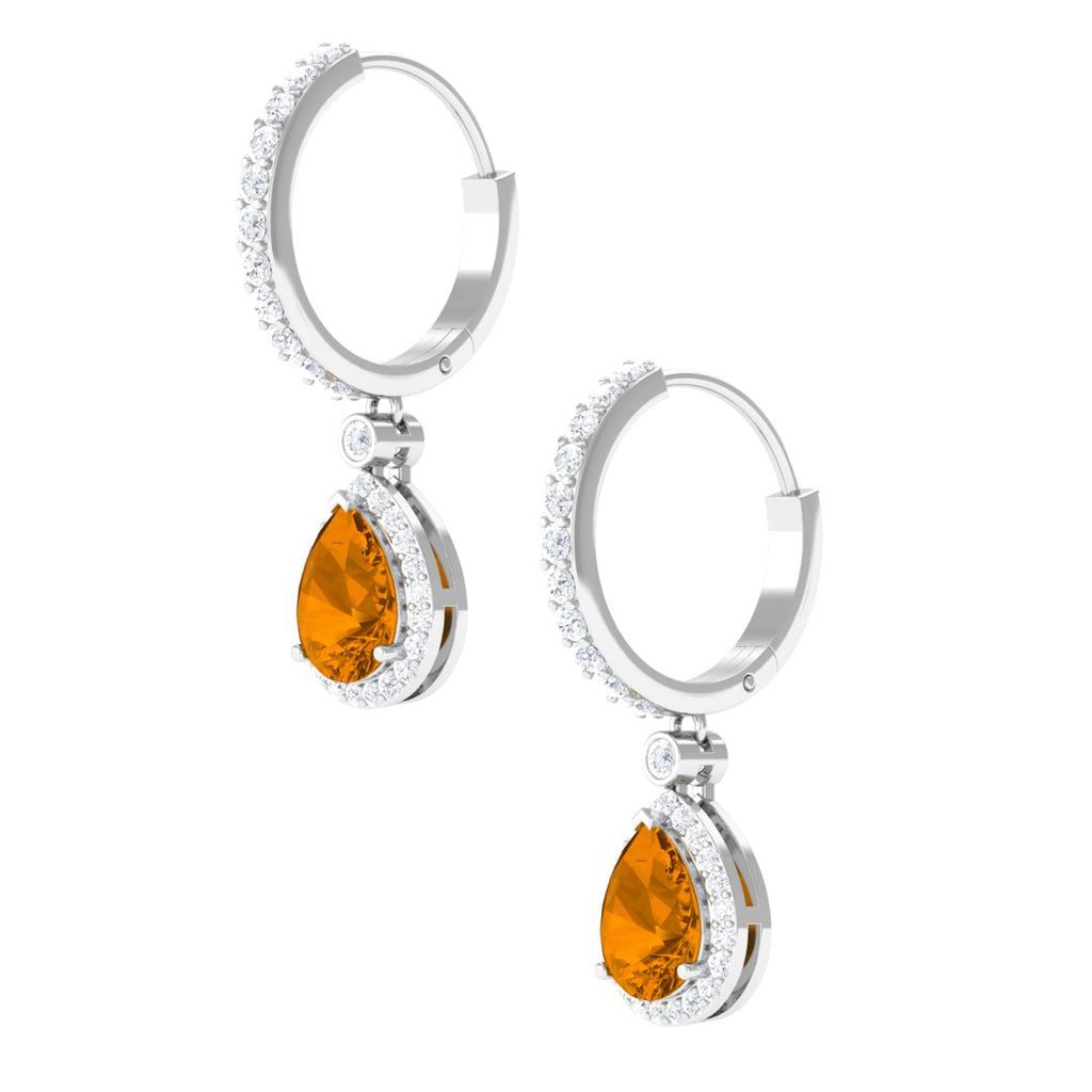 Pear Shape Citrine Hoop Drop Earrings with Moissanite Halo Citrine - ( AAA ) - Quality - Rosec Jewels