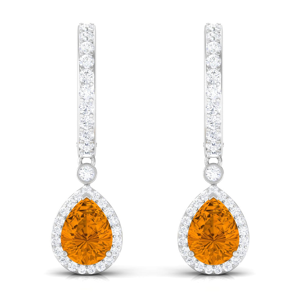 Pear Shape Citrine Hoop Drop Earrings with Moissanite Halo Citrine - ( AAA ) - Quality - Rosec Jewels