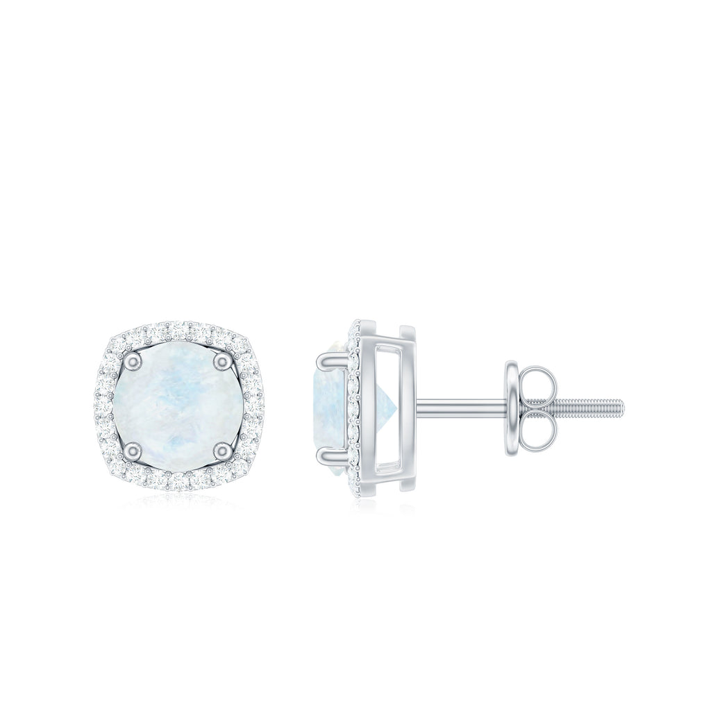 Round Moonstone Classic Halo Stud Earrings with Diamond Moonstone - ( AAA ) - Quality - Rosec Jewels