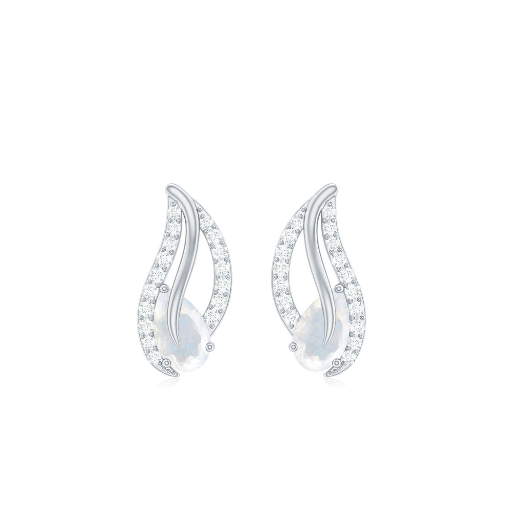 Pear Shape Moonstone and Diamond Leaf Stud Earrings Moonstone - ( AAA ) - Quality - Rosec Jewels