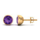 Round Amethyst Solitaire Stud Earrings in Bezel Setting Amethyst - ( AAA ) - Quality - Rosec Jewels