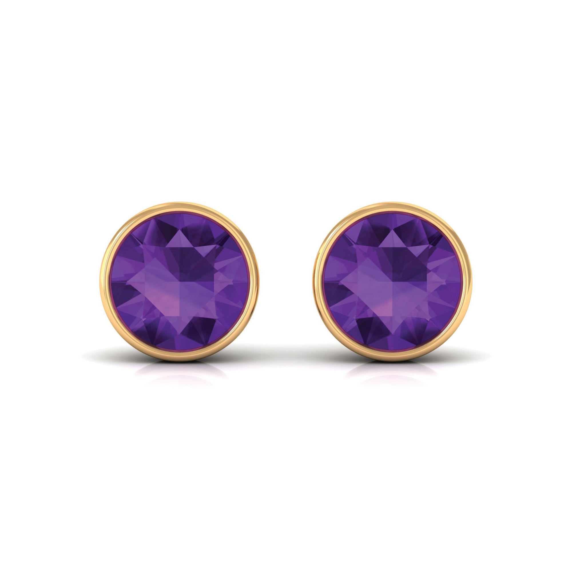 Round Amethyst Solitaire Stud Earrings in Bezel Setting Amethyst - ( AAA ) - Quality - Rosec Jewels