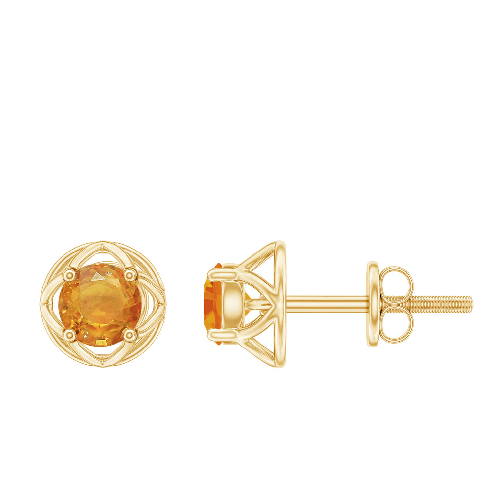 Round Shape Solitaire Orange Sapphire Flower Stud Earrings Orange Sapphire - ( AAA ) - Quality - Rosec Jewels