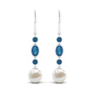 London Blue Topaz and Freshwater Pearl Dangle Earrings with Moissanite Freshwater Pearl - ( AAA ) - Quality - Rosec Jewels