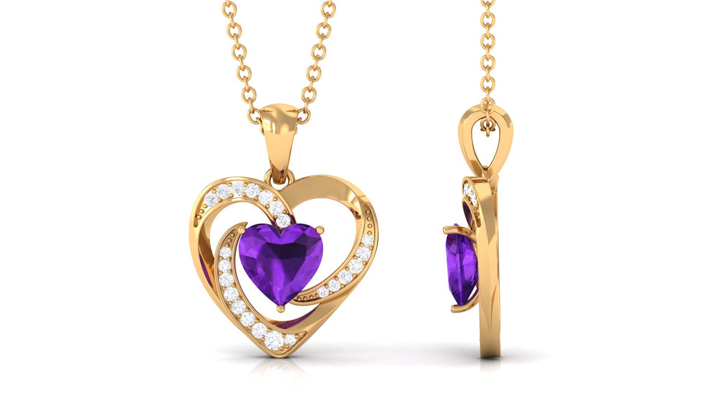 1 CT Solitaire Amethyst and Diamond Heart Pendant Necklace Amethyst - ( AAA ) - Quality - Rosec Jewels