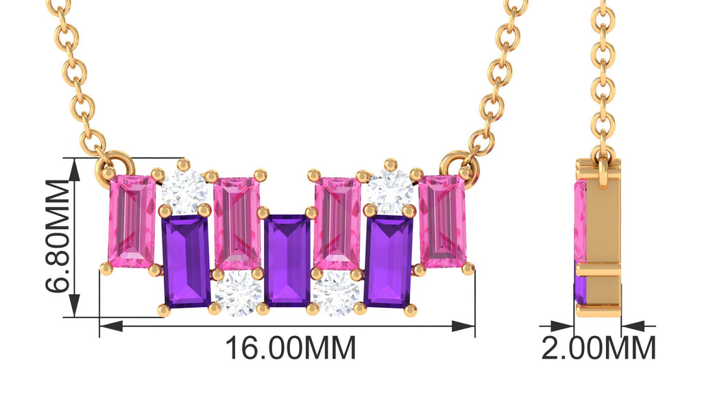 Baguette Cut Pink Sapphire and Amethyst Bar Necklace with Diamond Amethyst - ( AAA ) - Quality - Rosec Jewels