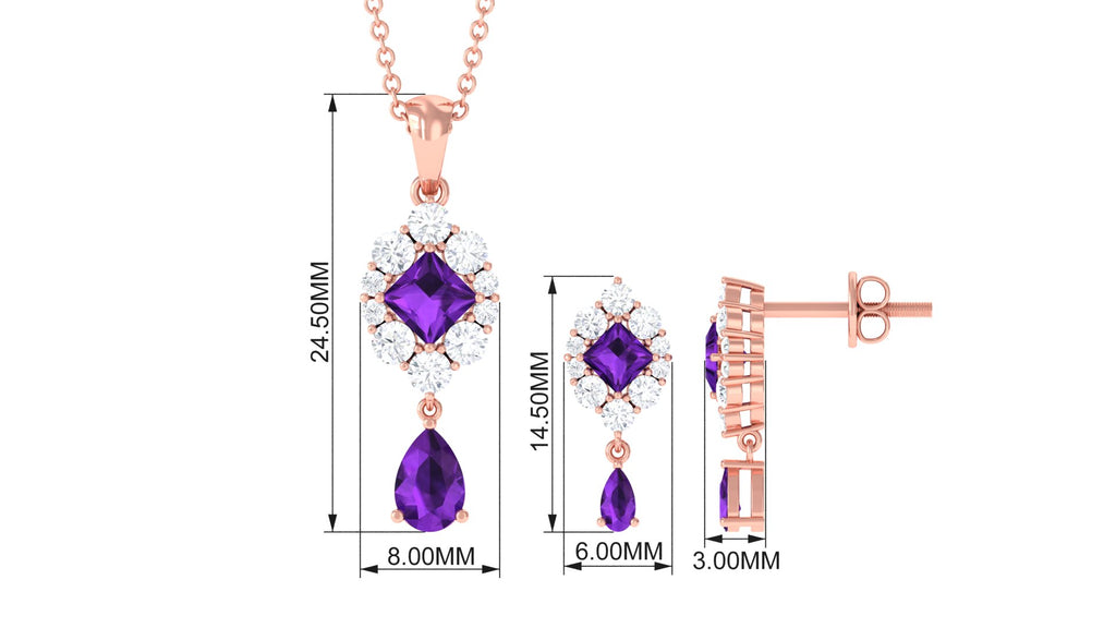 Designer Amethyst and Moissanite Dangle Pendant and Earrings Set Amethyst - ( AAA ) - Quality - Rosec Jewels