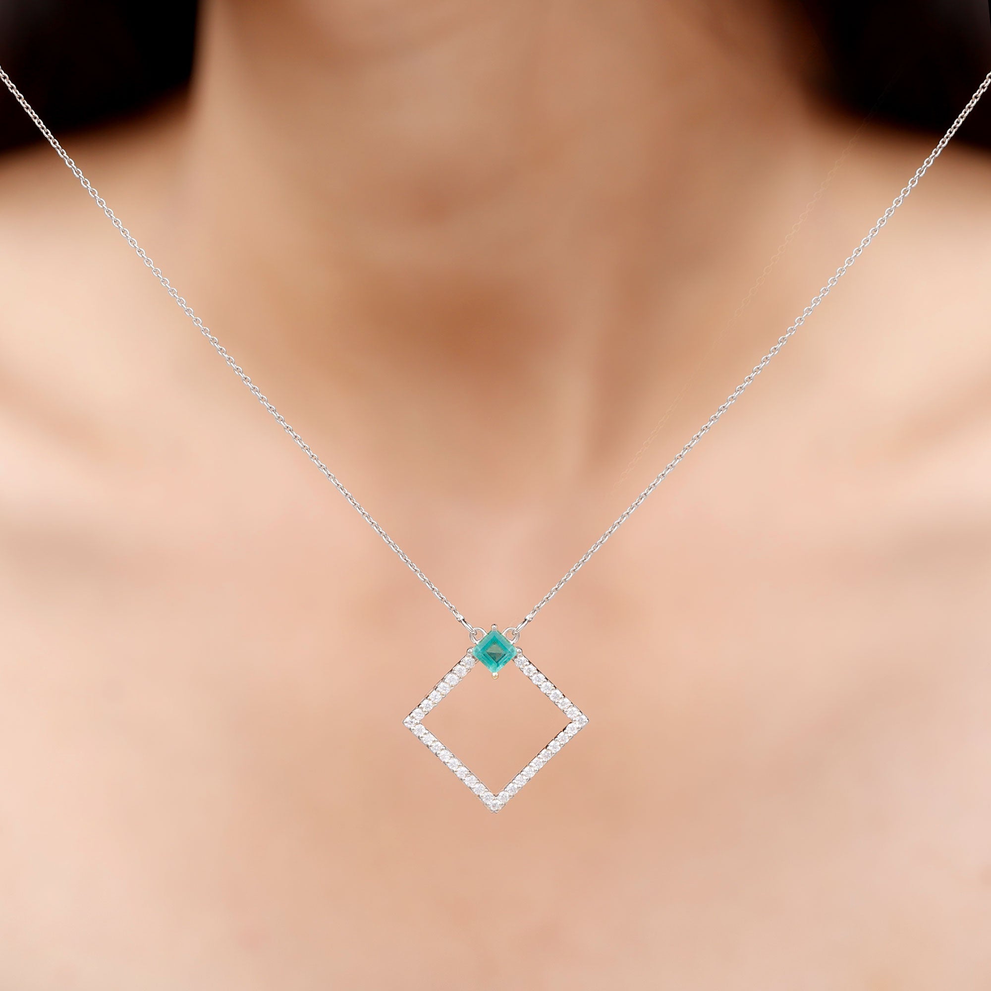 3/4 CT Princess Cut Emerald and Diamond Square Pendant Emerald - ( AAA ) - Quality - Rosec Jewels