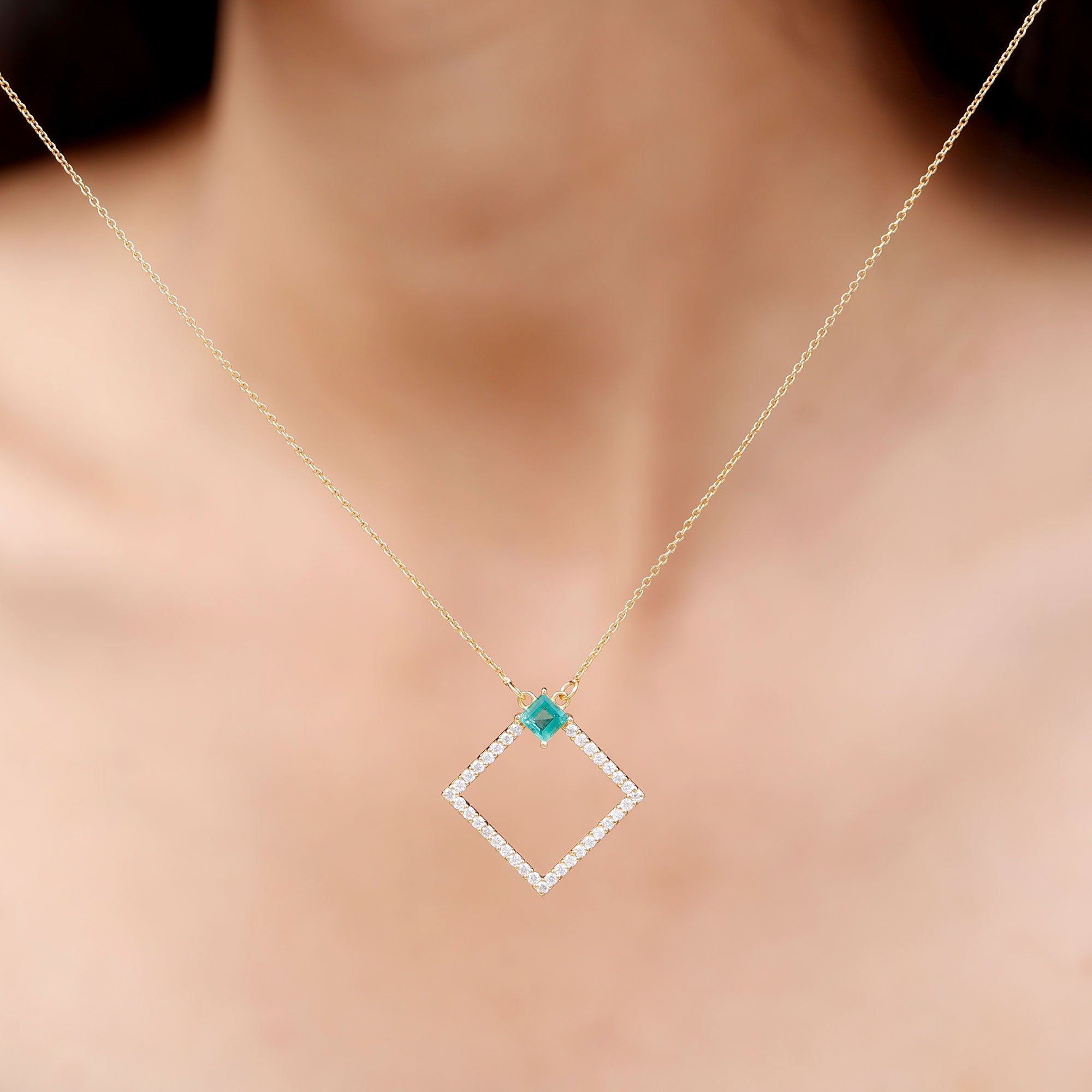 3/4 CT Princess Cut Emerald and Diamond Square Pendant Emerald - ( AAA ) - Quality - Rosec Jewels
