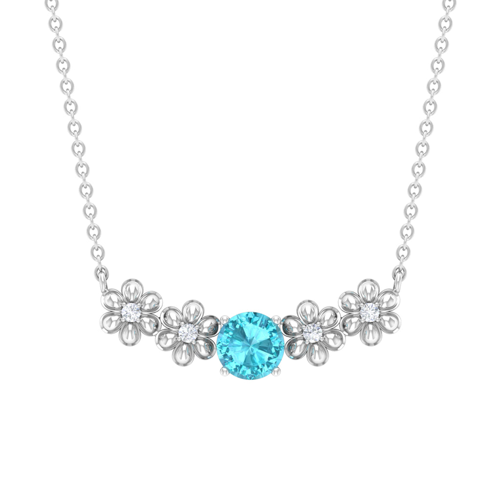 Gold Floral Minimal Necklace with Swiss Blue Topaz and Diamond Swiss Blue Topaz - ( AAA ) - Quality - Rosec Jewels