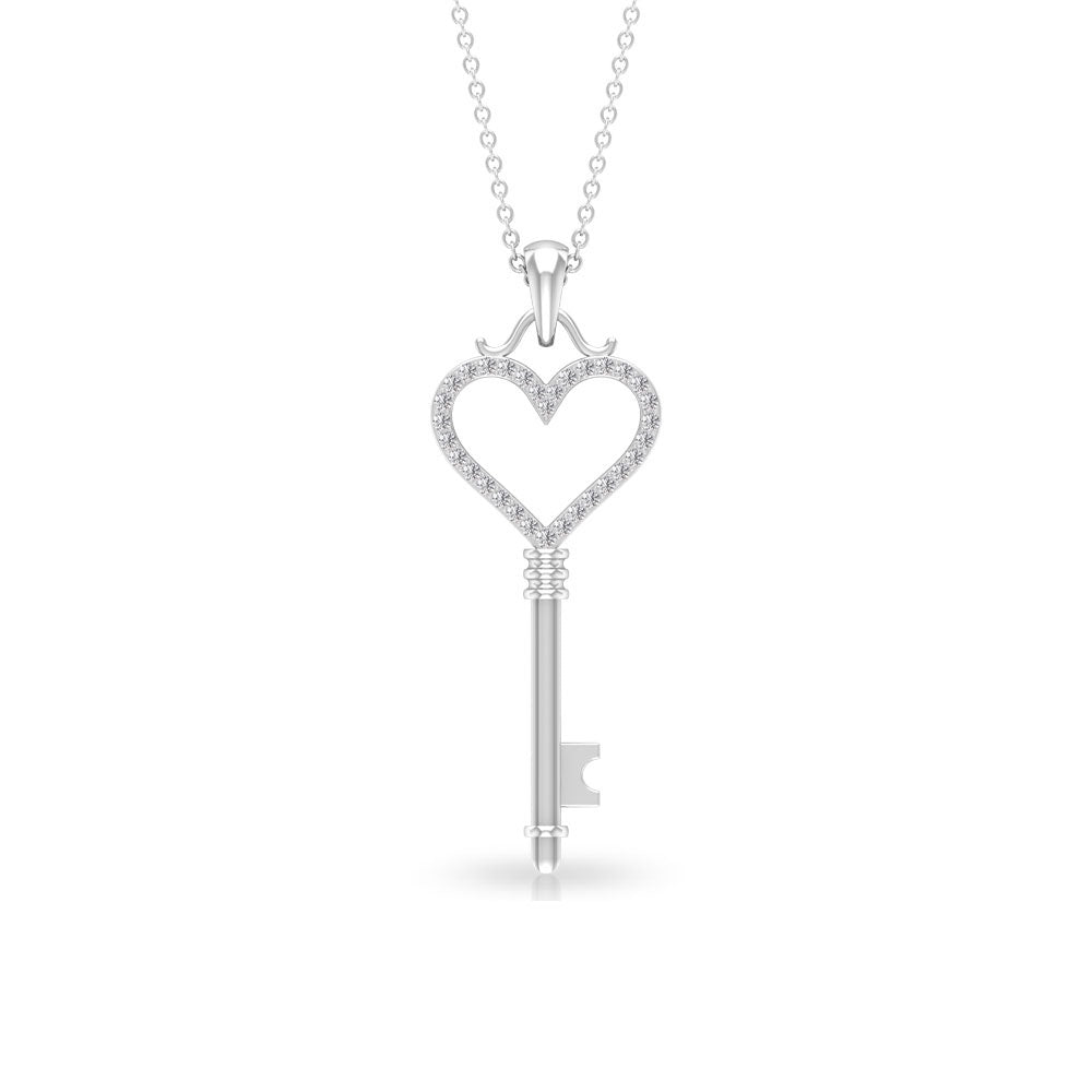 Cubic Zirconia Open Heart Key Pendant Necklace Zircon - ( AAAA ) - Quality - Rosec Jewels
