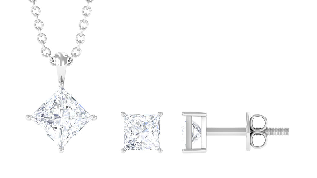 1.75 CT Princess Cut Cubic Zirconia Solitaire Pendant Necklace and Stud Earring Set Zircon - ( AAAA ) - Quality - Rosec Jewels