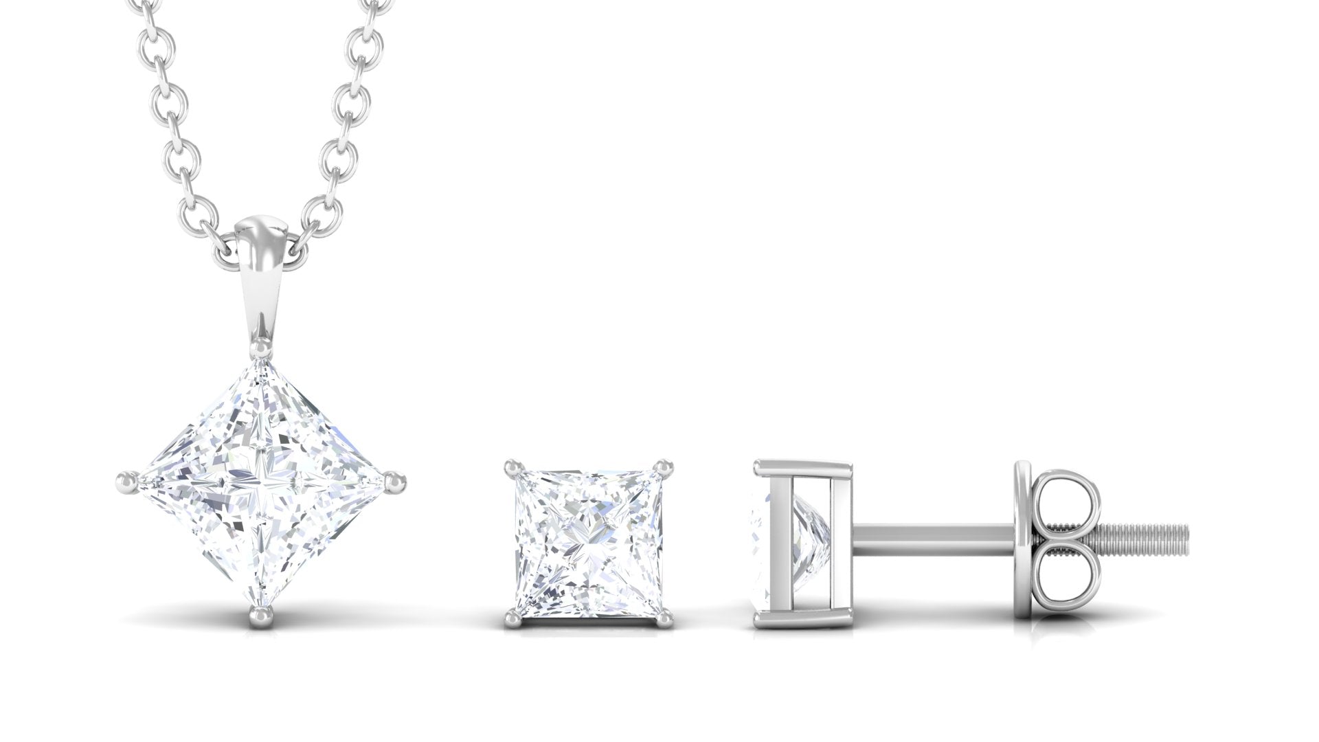 1.75 CT Princess Cut Cubic Zirconia Solitaire Pendant Necklace and Stud Earring Set Zircon - ( AAAA ) - Quality - Rosec Jewels