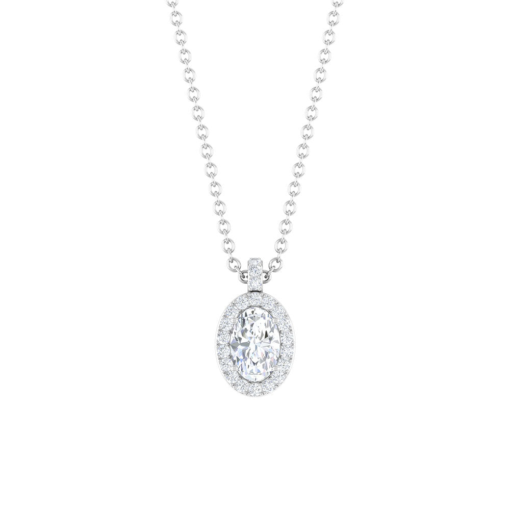 4X6 MM Oval Moissanite Halo Pendant Necklace Moissanite - ( D-VS1 ) - Color and Clarity - Rosec Jewels