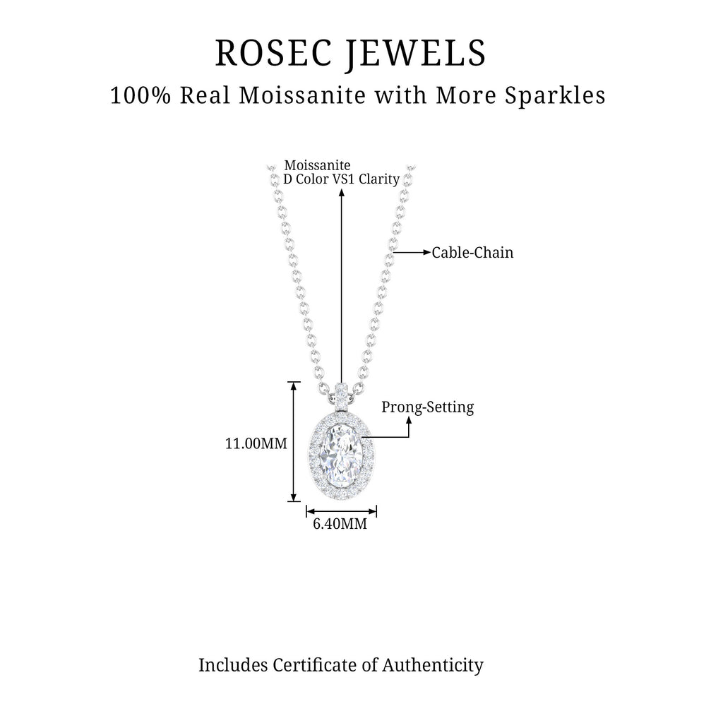 4X6 MM Oval Moissanite Halo Pendant Necklace Moissanite - ( D-VS1 ) - Color and Clarity - Rosec Jewels