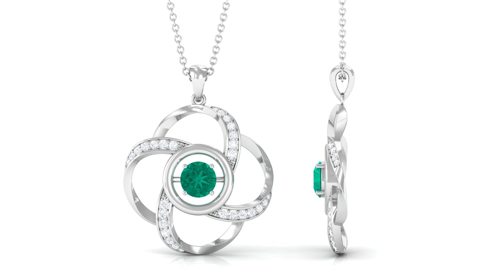 Emerald Floral Pendant Necklace with Diamond Emerald - ( AAA ) - Quality - Rosec Jewels