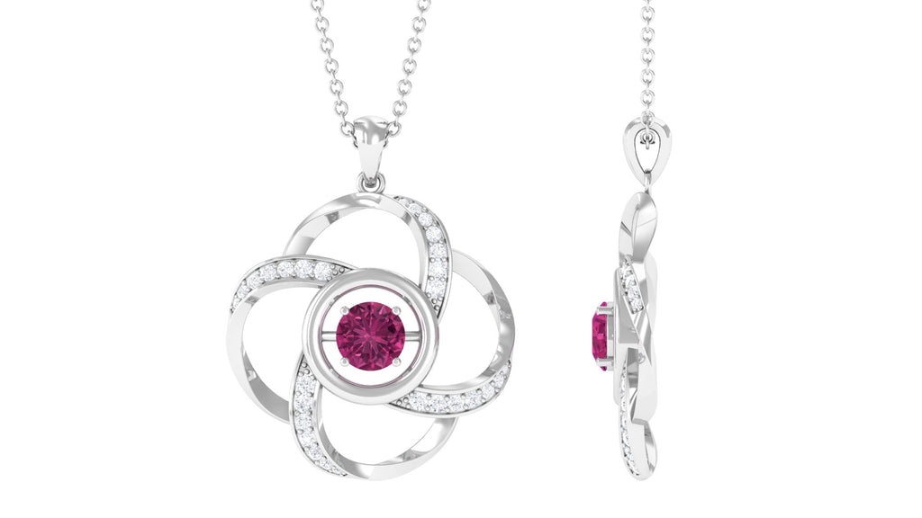 Modern Flower Pendant with Round Pink Tourmaline and Diamond Pink Tourmaline - ( AAA ) - Quality - Rosec Jewels