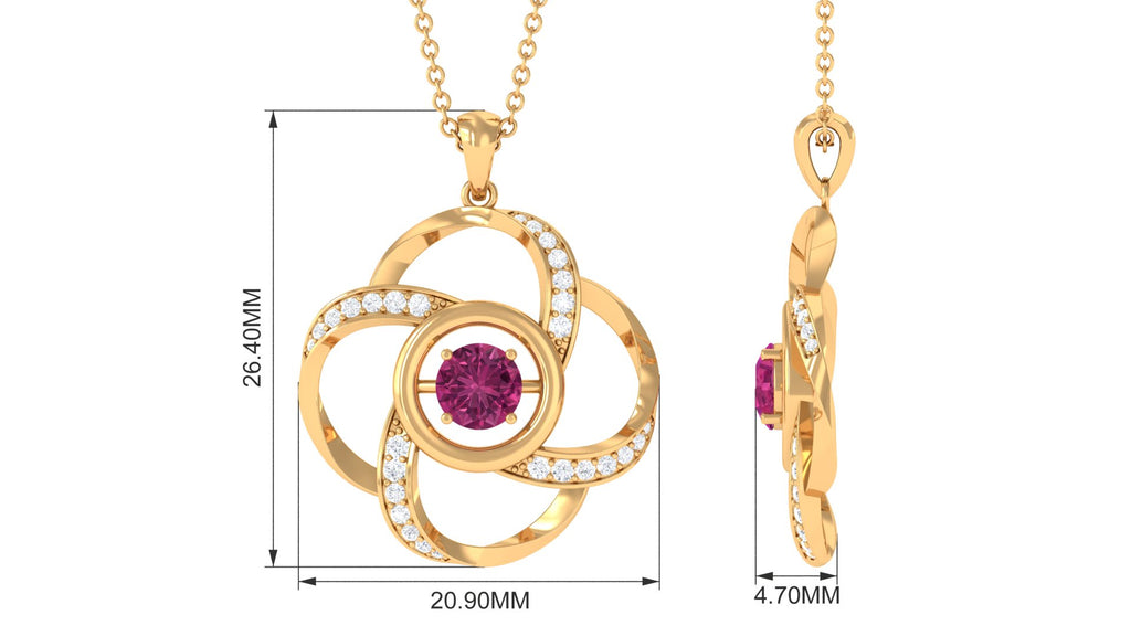 Modern Flower Pendant with Round Pink Tourmaline and Diamond Pink Tourmaline - ( AAA ) - Quality - Rosec Jewels