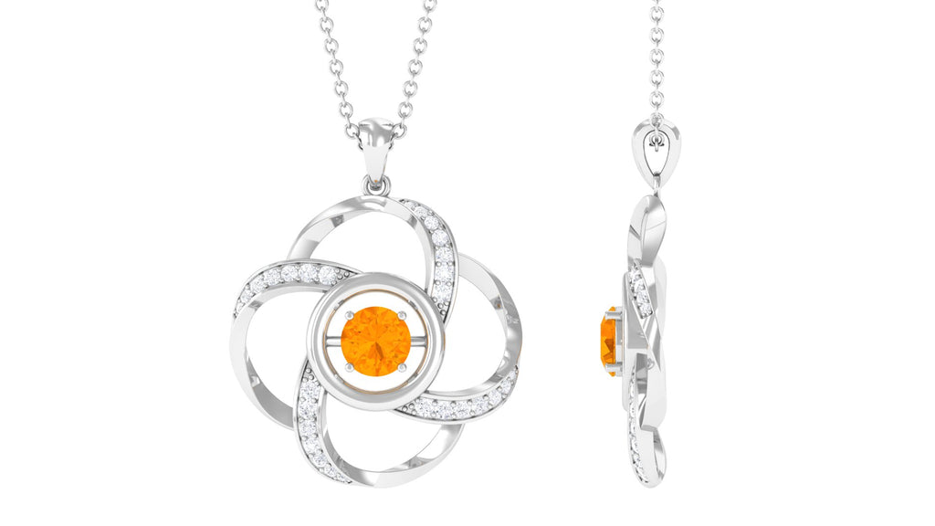 Modern Flower Pendant with Round Fire Opal and Diamond Fire Opal - ( AAA ) - Quality - Rosec Jewels