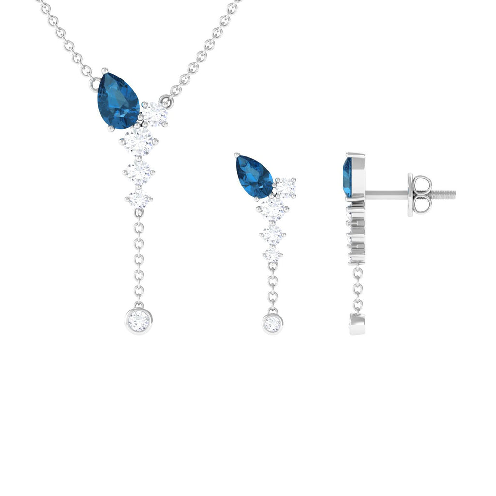 Minimal Dangle Necklace Earrings Set with London Blue Topaz and Diamond London Blue Topaz - ( AAA ) - Quality - Rosec Jewels