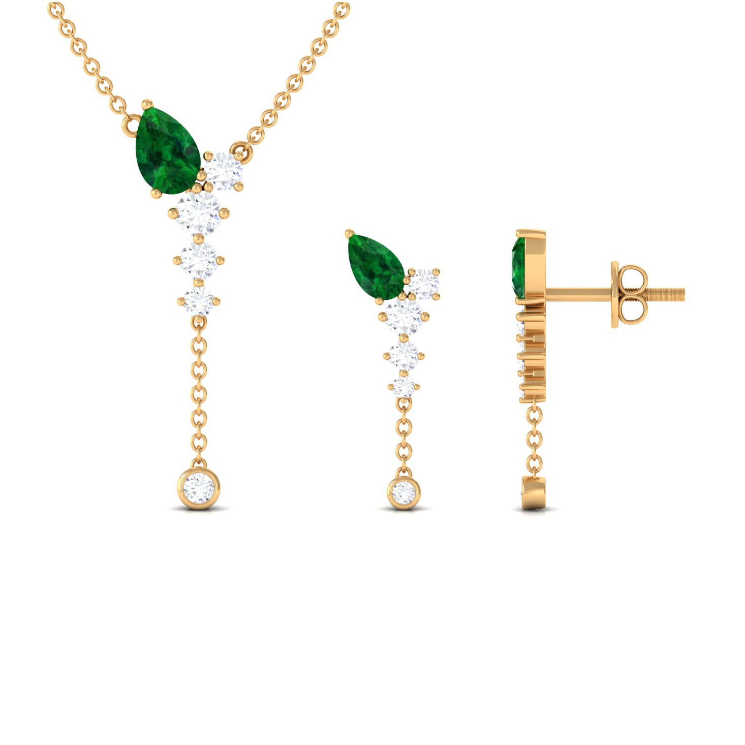 Minimal Created Emerald Dangle Necklace and Earrings Set in Gold with Moissanite Lab Created Emerald - ( AAAA ) - Quality - Rosec Jewels