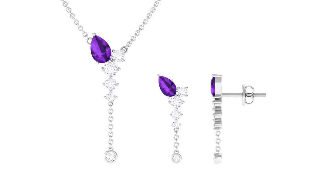 Minimal Dangle Necklace Earrings Set with Amethyst and Moissanite Amethyst - ( AAA ) - Quality - Rosec Jewels