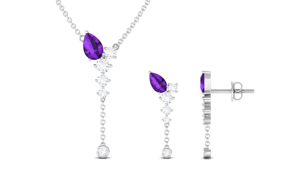 Minimal Dangle Necklace Earrings Set with Amethyst and Moissanite Amethyst - ( AAA ) - Quality - Rosec Jewels