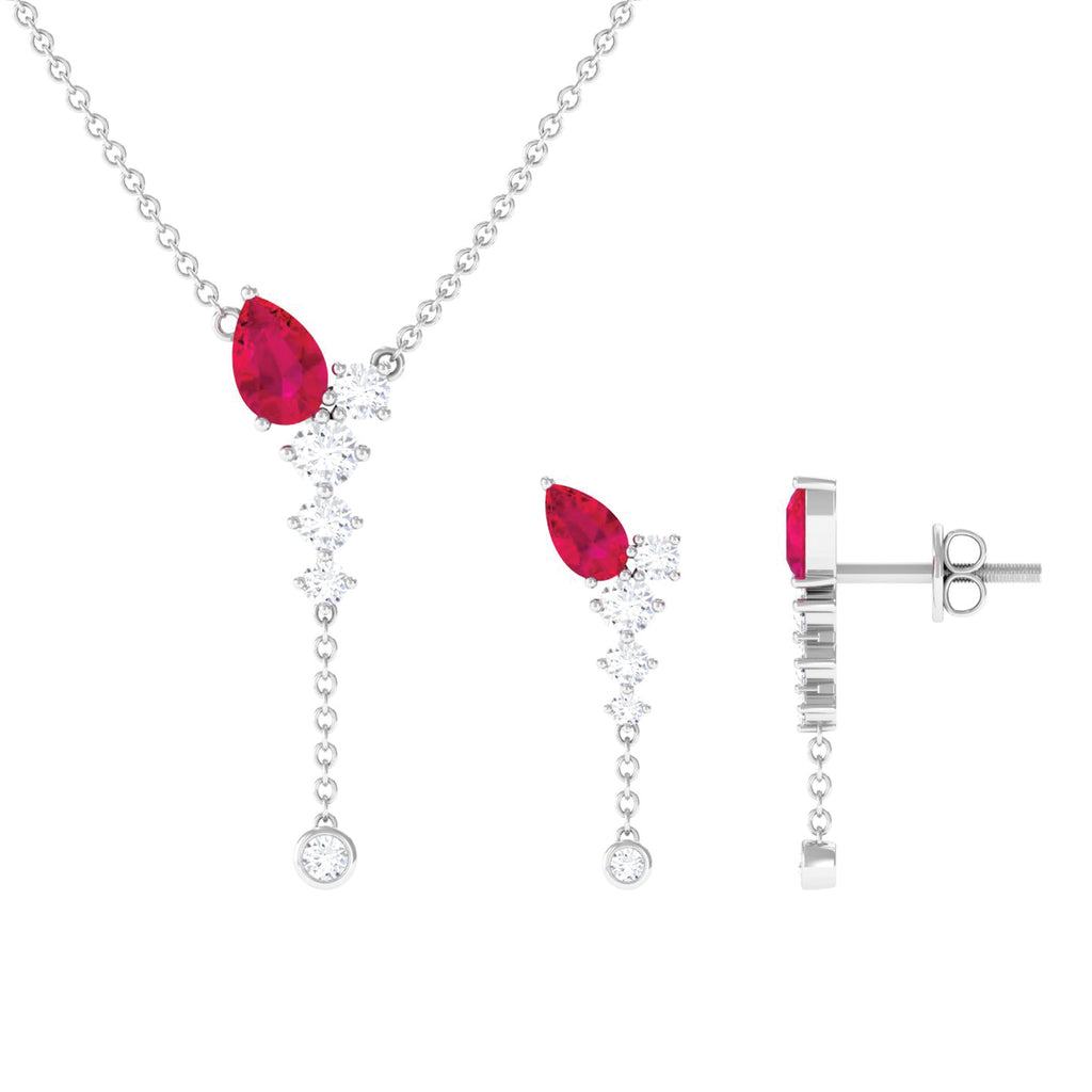 Minimal Ruby Dangle Necklace and Earrings Set with Diamond Ruby - ( AAA ) - Quality - Rosec Jewels