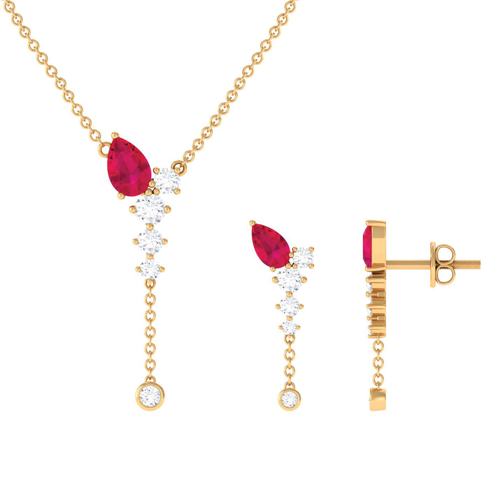 Minimal Ruby Dangle Necklace and Earrings Set with Diamond Ruby - ( AAA ) - Quality - Rosec Jewels