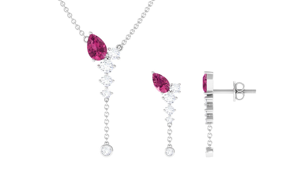 Minimal Dangle Necklace Earrings Set with Pink Tourmaline and Moissanite Pink Tourmaline - ( AAA ) - Quality - Rosec Jewels
