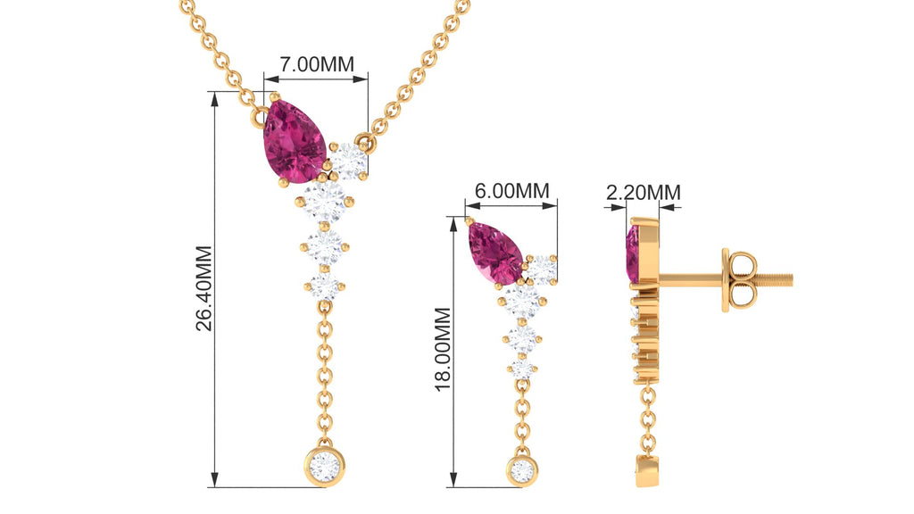 Minimal Dangle Necklace Earrings Set with Pink Tourmaline and Moissanite Pink Tourmaline - ( AAA ) - Quality - Rosec Jewels