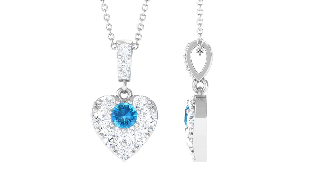 Round Swiss Blue Topaz and Moissanite Heart Pendant with Decorative Bail Swiss Blue Topaz - ( AAA ) - Quality - Rosec Jewels