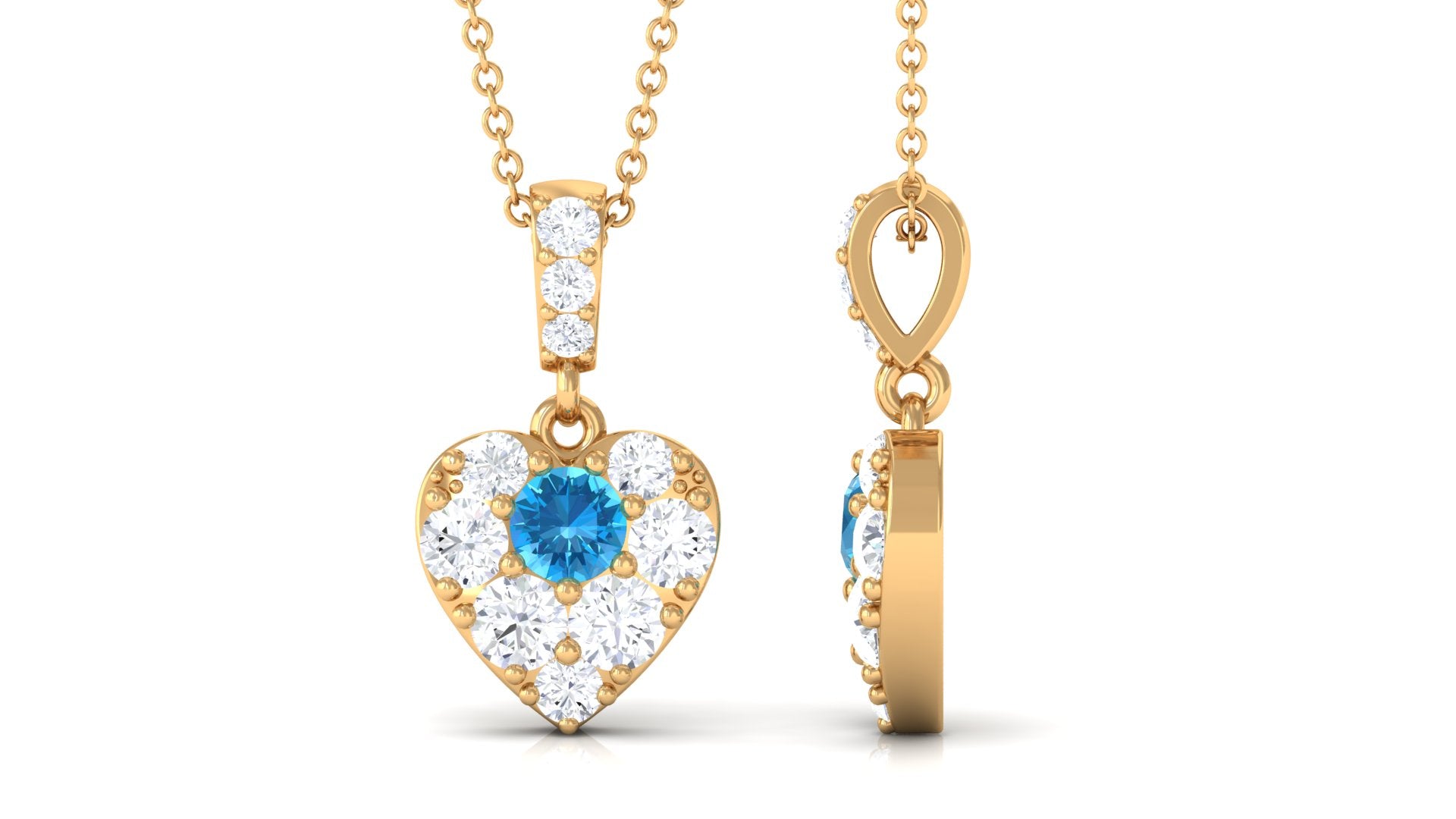 Round Swiss Blue Topaz and Moissanite Heart Pendant with Decorative Bail Swiss Blue Topaz - ( AAA ) - Quality - Rosec Jewels