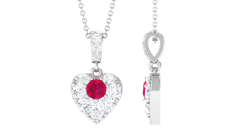 Round Ruby and Moissanite Heart Pendant with Decorative Bail Ruby - ( AAA ) - Quality - Rosec Jewels